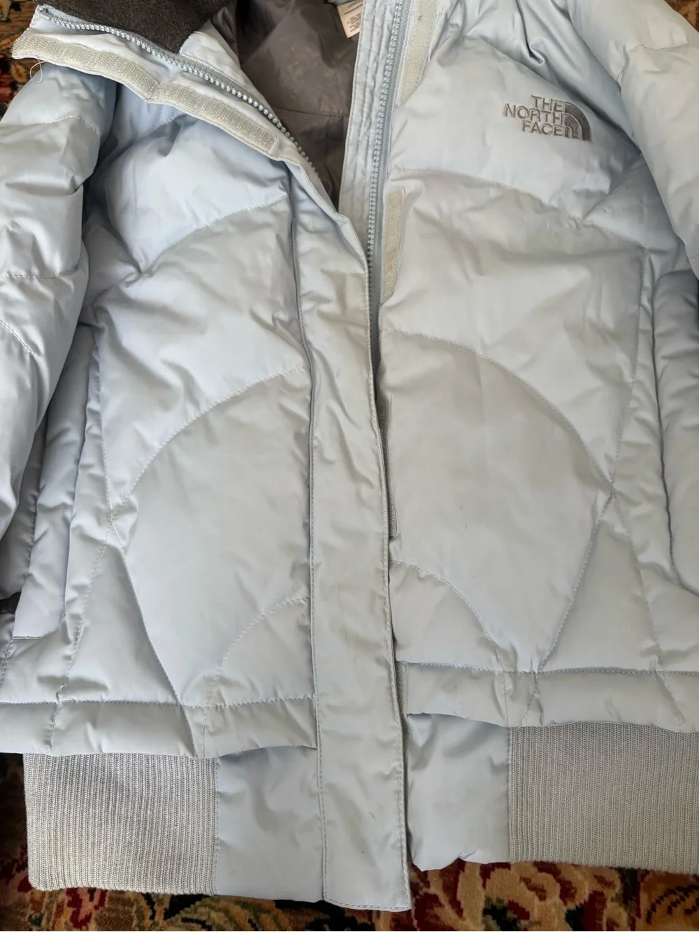 The North Face Pale Blue Down Puffer Jacket with Faux Fur Hood